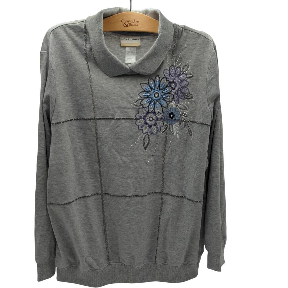 alfred dunner 1X Gray Pullover Top, Purple Floral Applique